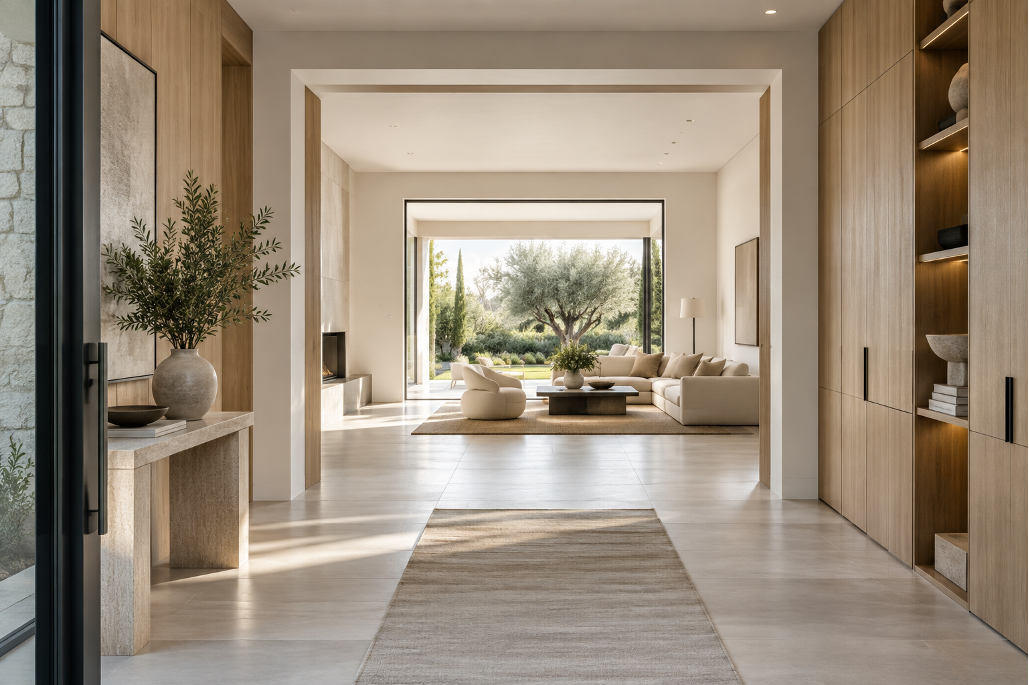Proportion, aligned openings and a clear sightline create spatial calm before decoration is added.
