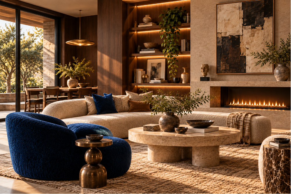 Conceptual visualization: warm walnut, chocolate brown, a restrained cobalt accent and collected objects create a more personal luxury interior.
