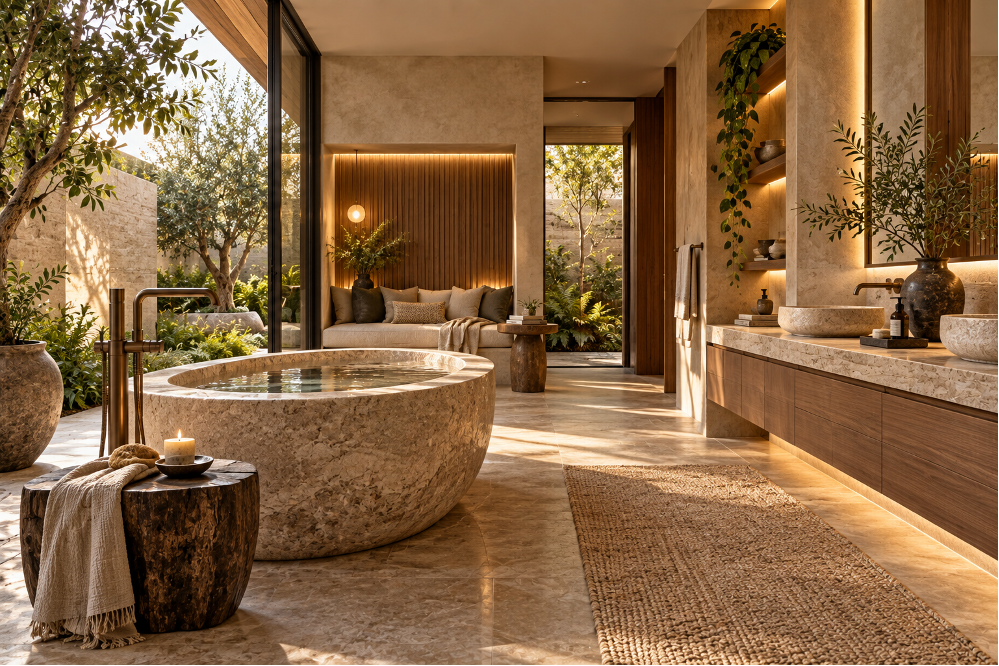 Conceptual visualization: a residential wellness suite combines natural light, stone, timber, planting and quiet layered illumination.