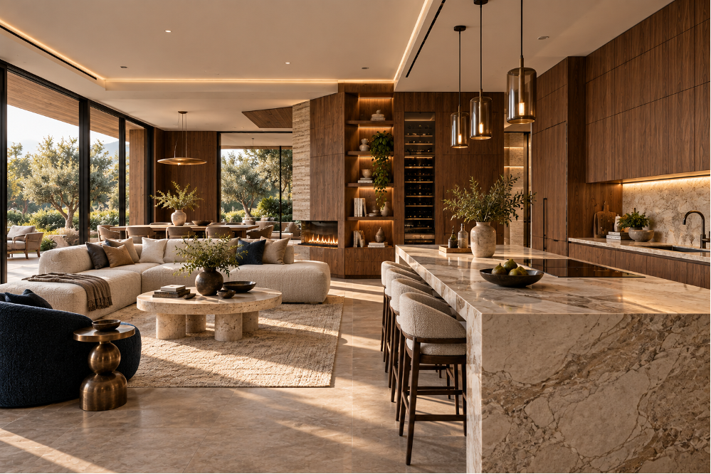 Conceptual visualization: smart lighting, shading, climate and appliances are integrated into architecture and joinery rather than displayed as gadgets.