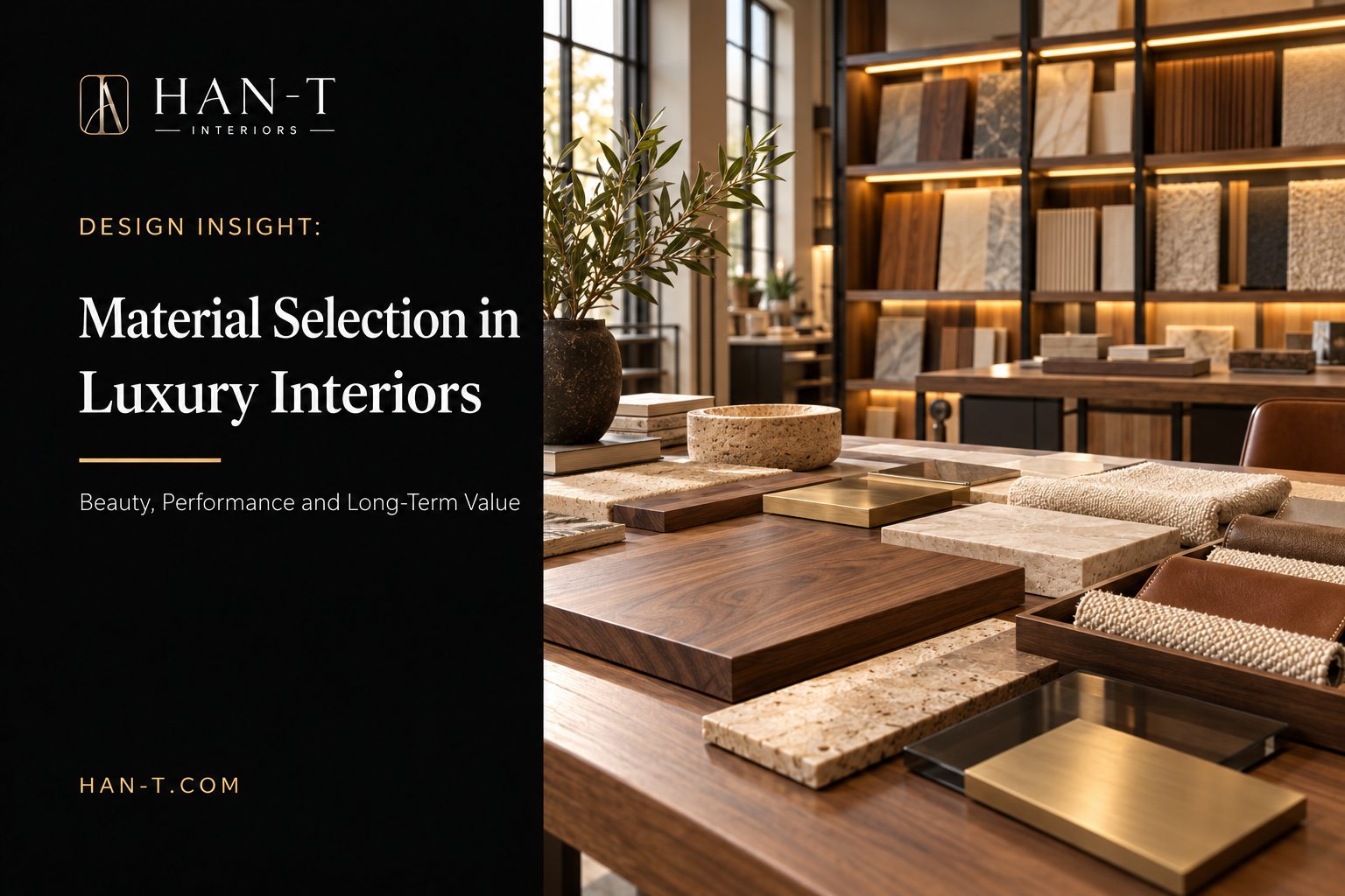Material selection in luxury interiors with walnut stone brass glass leather and textile samples