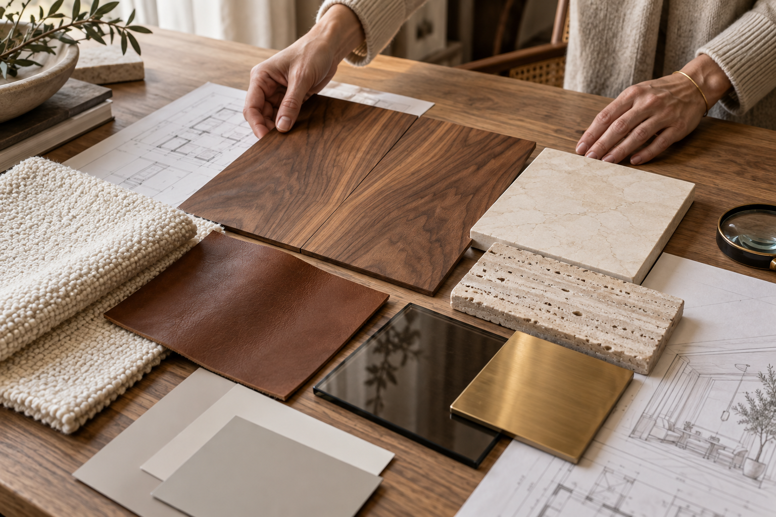 Conceptual visualization: comparing material samples at full size and under controlled light.