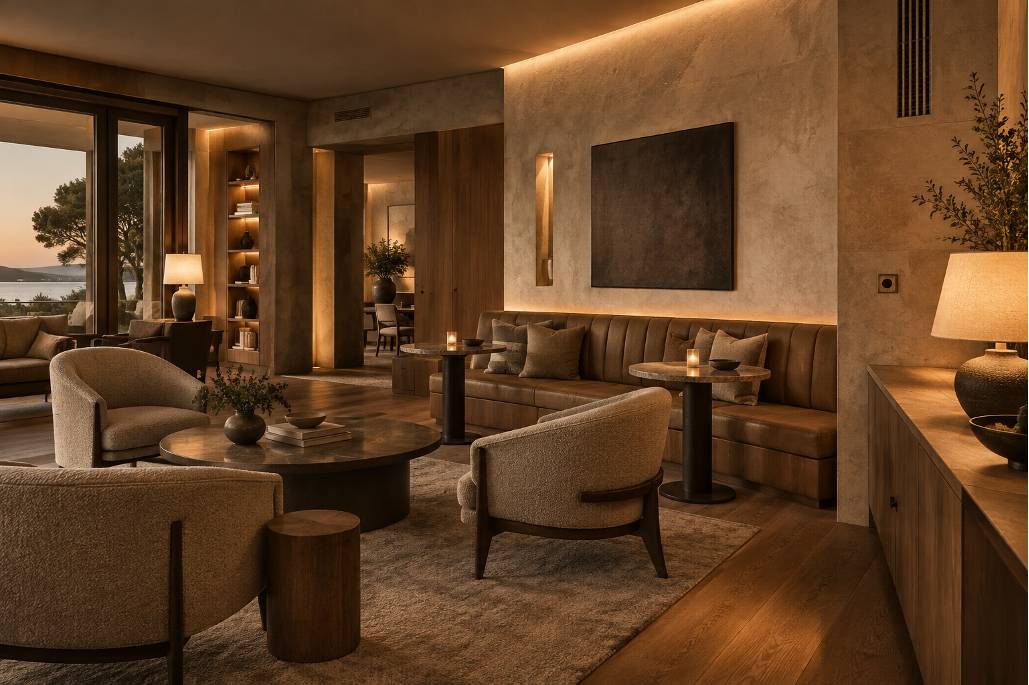 Layered light, acoustic comfort and discreet technology allow a refined interior to change through the day.