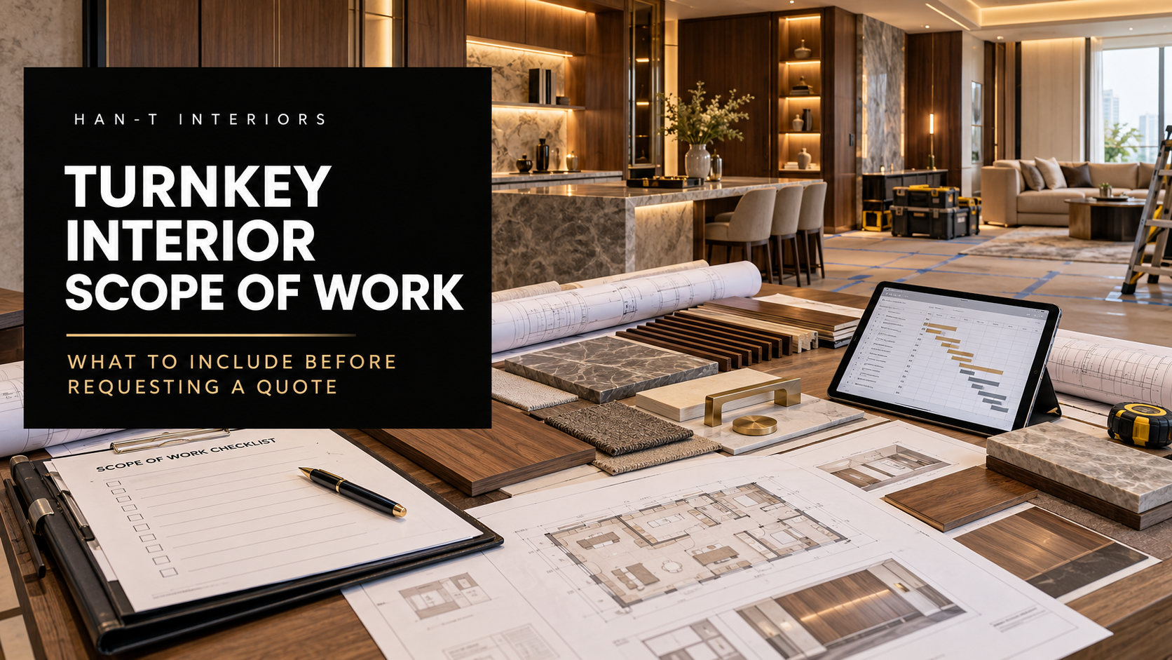 Turnkey interior scope planning with drawings material samples project schedule and fit-out works