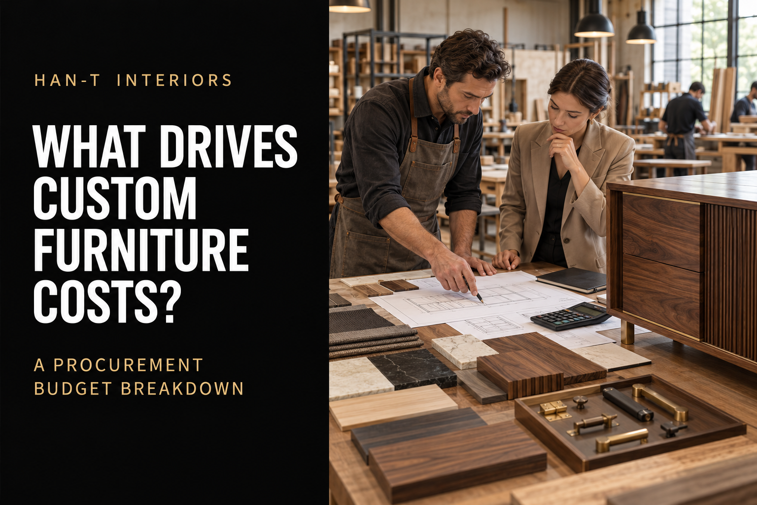 Custom furniture cost review with drawings material samples hardware and a completed cabinet